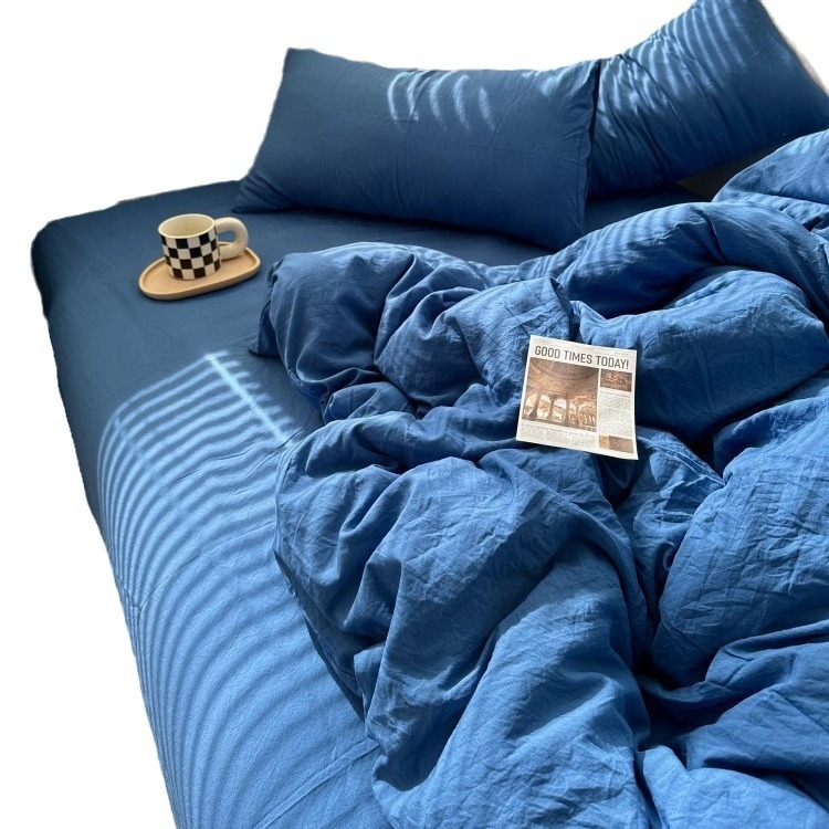 Négy darabos ágynemű szett - mosott pamut, reaktív nyomtatás és festés, egyszínű minta, mosott szövet