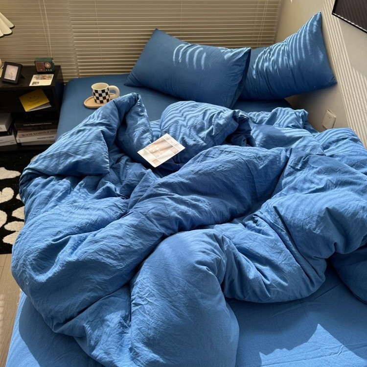 Négy darabos ágynemű szett - mosott pamut, reaktív nyomtatás és festés, egyszínű minta, mosott szövet