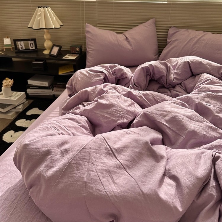 Négy darabos ágynemű szett - mosott pamut, reaktív nyomtatás és festés, egyszínű minta, mosott szövet