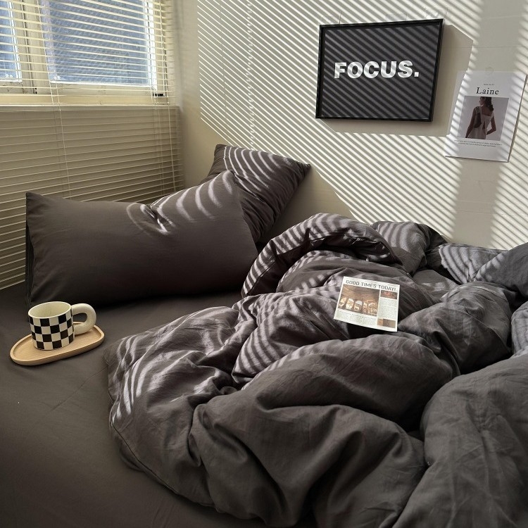 Négy darabos ágynemű szett - mosott pamut, reaktív nyomtatás és festés, egyszínű minta, mosott szövet