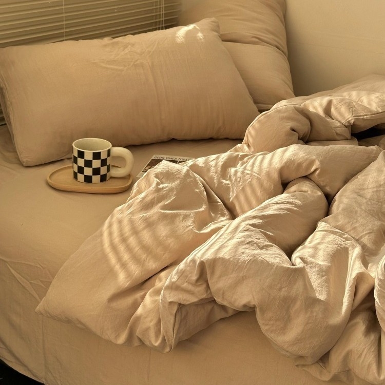 Négy darabos ágynemű szett - mosott pamut, reaktív nyomtatás és festés, egyszínű minta, mosott szövet