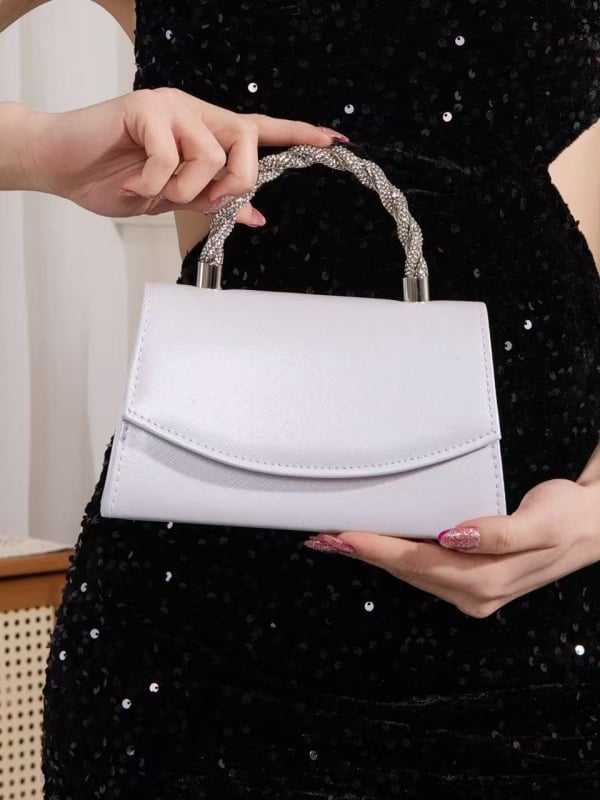 Вечерна чанта с кристали, PU материал, вертикална квадратна форма, магнитно закопчаване, полиестерна подплата, вътрешен джоб за ID