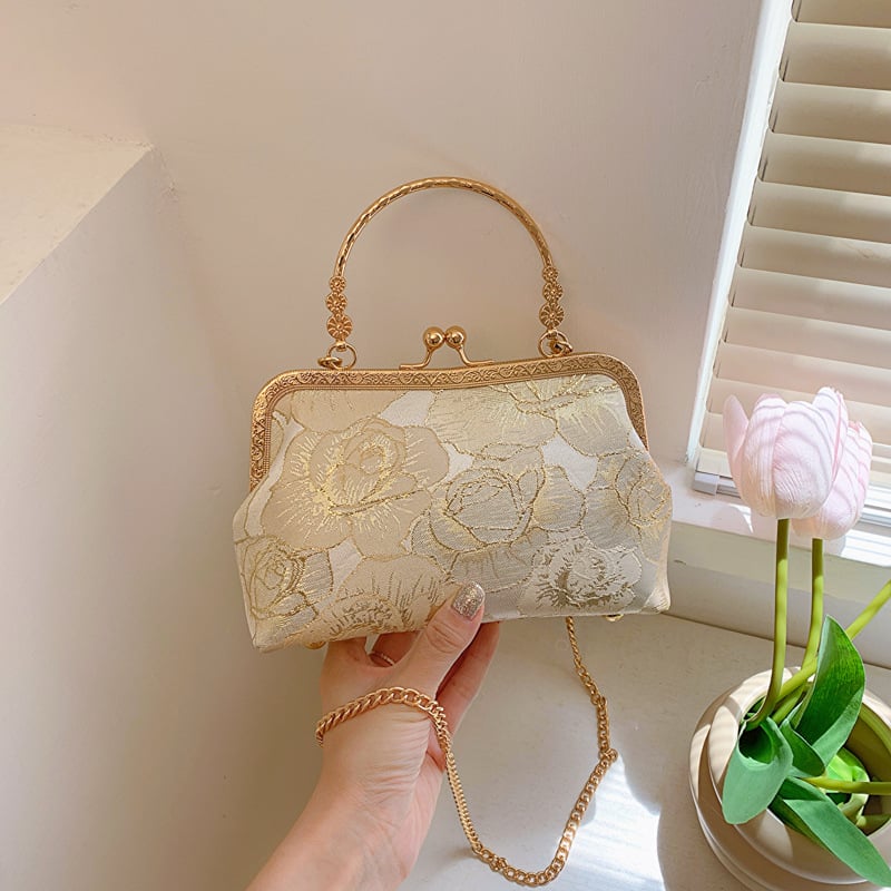 Ръчна чанта от жакардова тъкан със закопчаване и джоб за мобилен телефон - стил национален тренд.