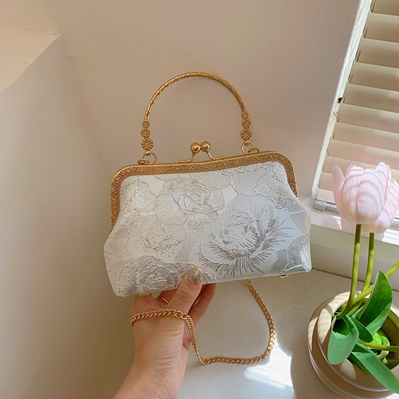 Ръчна чанта от жакардова тъкан със закопчаване и джоб за мобилен телефон - стил национален тренд.