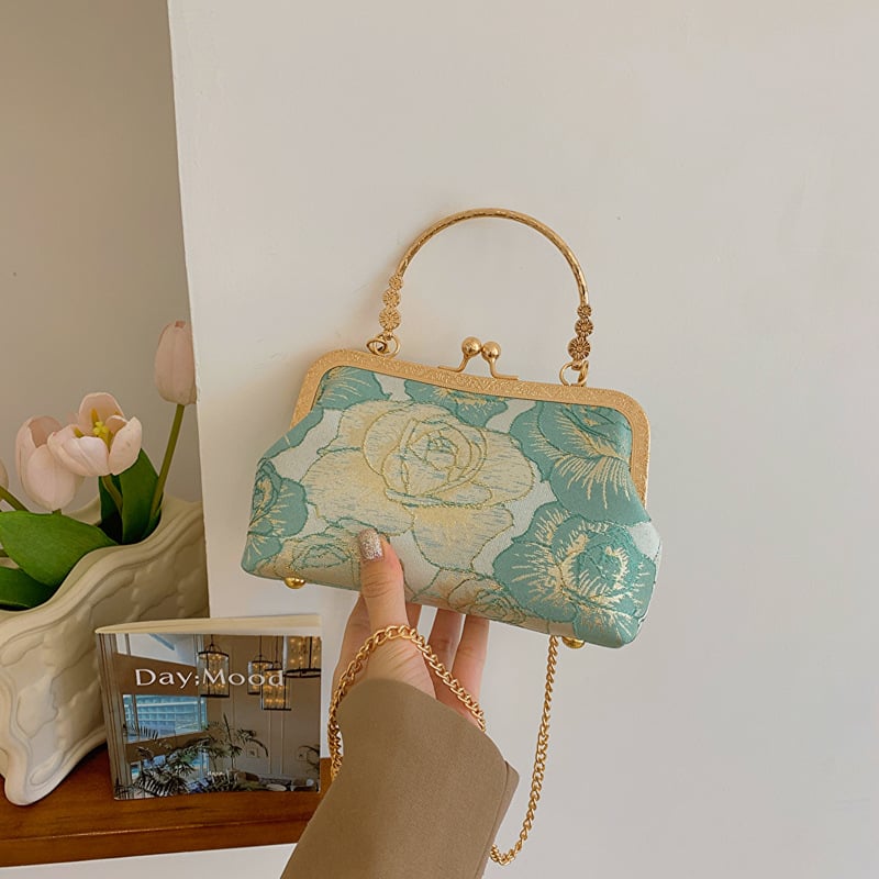 Ръчна чанта от жакардова тъкан със закопчаване и джоб за мобилен телефон - стил национален тренд.