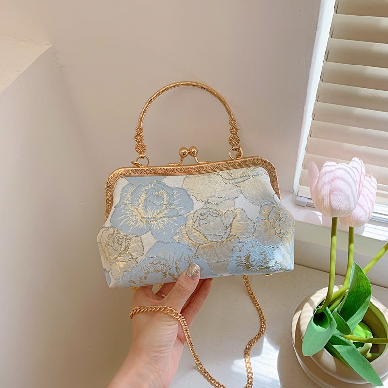 Ръчна чанта от жакардова тъкан със закопчаване и джоб за мобилен телефон - стил национален тренд.