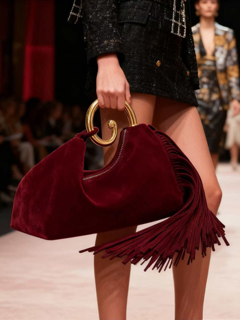 Дамска чанта - еленска кожа, ресни, матова текстура, хоризонтална квадратна форма, цип за отваряне, вътрешен джоб с цип - Зима 2025