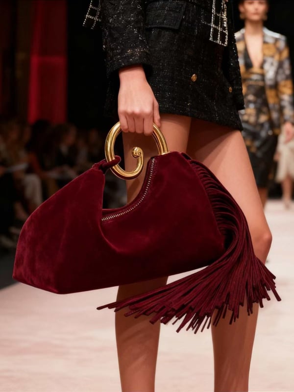 Дамска чанта - еленска кожа, ресни, матова текстура, хоризонтална квадратна форма, цип за отваряне, вътрешен джоб с цип - Зима 2025