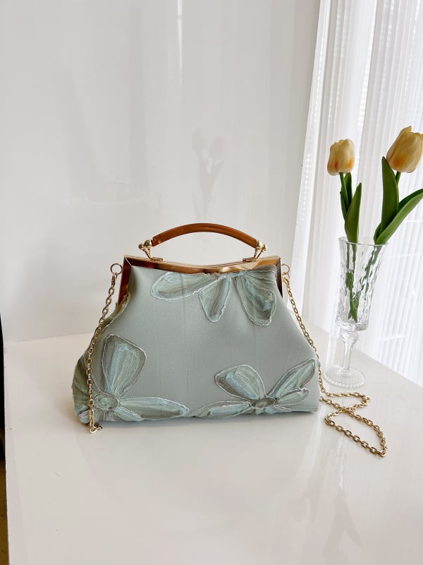 Дамска PU чанта в форма на черупка, китайски стил с бродерия, вечерна чанта с ключалка, подплата полиестер, вътрешни джобове за телефон и ID