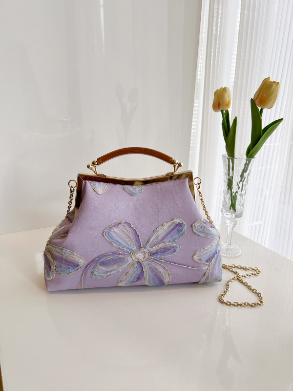 Дамска PU чанта в форма на черупка, китайски стил с бродерия, вечерна чанта с ключалка, подплата полиестер, вътрешни джобове за телефон и ID