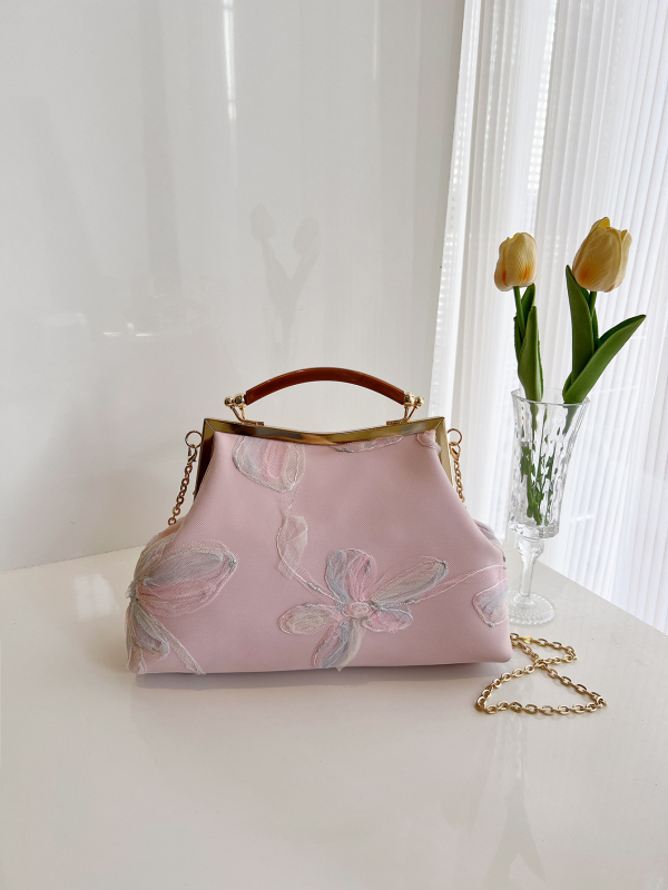 Дамска PU чанта в форма на черупка, китайски стил с бродерия, вечерна чанта с ключалка, подплата полиестер, вътрешни джобове за телефон и ID