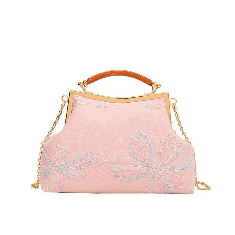 Дамска PU чанта в форма на черупка, китайски стил с бродерия, вечерна чанта с ключалка, подплата полиестер, вътрешни джобове за телефон и ID