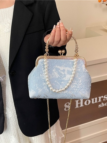 Чанта през рамо с литературен национален стил, композитен плат, хоризонтална квадратна форма, метална рамкова закопчалка, подплата от полиестер, джоб за идентификационна карта