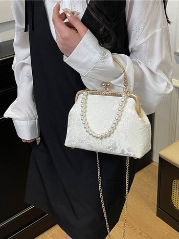 Чанта през рамо с литературен национален стил, композитен плат, хоризонтална квадратна форма, метална рамкова закопчалка, подплата от полиестер, джоб за идентификационна карта