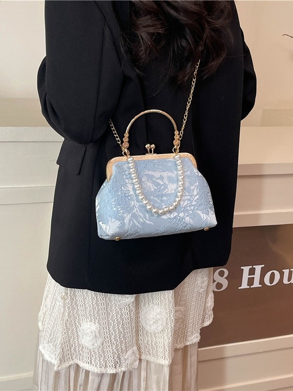 Чанта през рамо с литературен национален стил, композитен плат, хоризонтална квадратна форма, метална рамкова закопчалка, подплата от полиестер, джоб за идентификационна карта