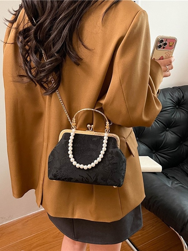 Чанта през рамо с литературен национален стил, композитен плат, хоризонтална квадратна форма, метална рамкова закопчалка, подплата от полиестер, джоб за идентификационна карта