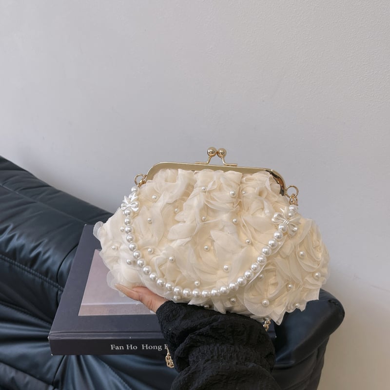Čipkasta mrežasta clutch torba, oblik školjke, zatvaranje klipom, podstava od sintetičke kože, unutarnja džep sa zatvaračem, jedna naramenica