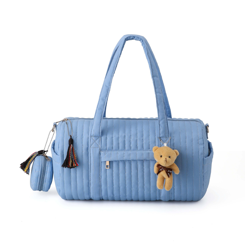 Geantă Boston de călătorie cu buzunar frontal și capac, dungi verticale, ușoară, capacitate 20–35L, material poliester-bumbac