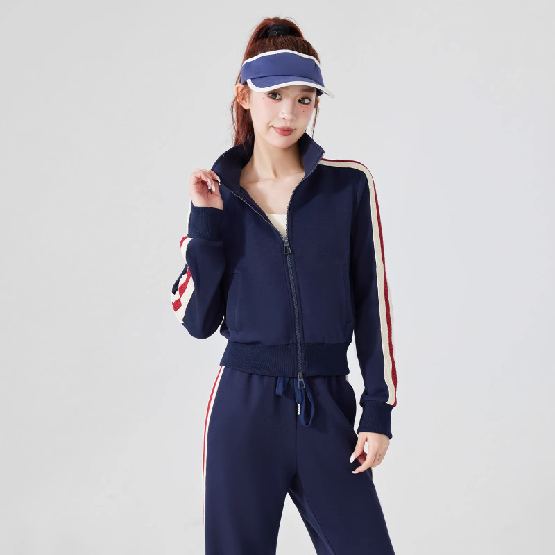 Női csíkos álló galléros dzseki, lazán szabott, hosszú ujjú, poliészter anyag