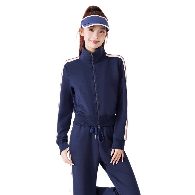 Női csíkos álló galléros dzseki, lazán szabott, hosszú ujjú, poliészter anyag