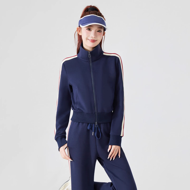 Női csíkos álló galléros dzseki, lazán szabott, hosszú ujjú, poliészter anyag