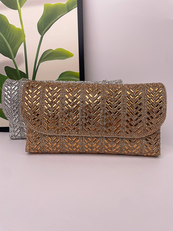 Večernja clutch torbica s kristalima, PU koža, pravokutnog oblika, podlaktni stil, unutarnja ID džep, zatvaranje poklopcem