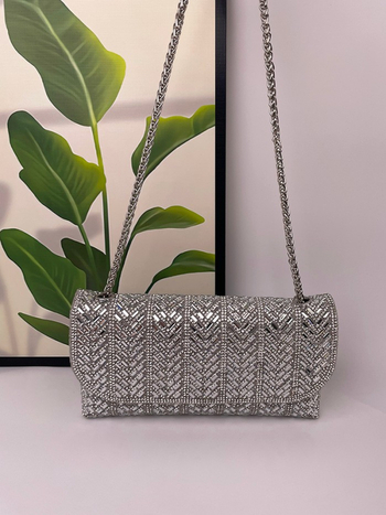 Večernja clutch torbica s kristalima, PU koža, pravokutnog oblika, podlaktni stil, unutarnja ID džep, zatvaranje poklopcem