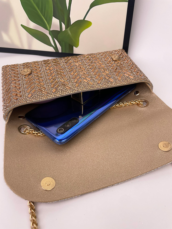 Večernja clutch torbica s kristalima, PU koža, pravokutnog oblika, podlaktni stil, unutarnja ID džep, zatvaranje poklopcem