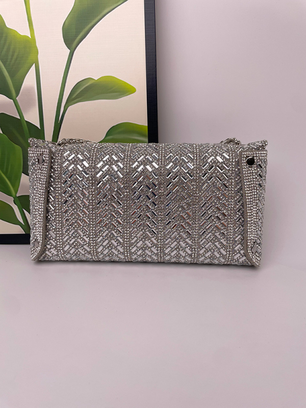 Večernja clutch torbica s kristalima, PU koža, pravokutnog oblika, podlaktni stil, unutarnja ID džep, zatvaranje poklopcem
