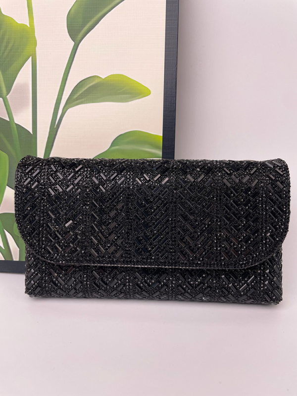 Večernja clutch torbica s kristalima, PU koža, pravokutnog oblika, podlaktni stil, unutarnja ID džep, zatvaranje poklopcem