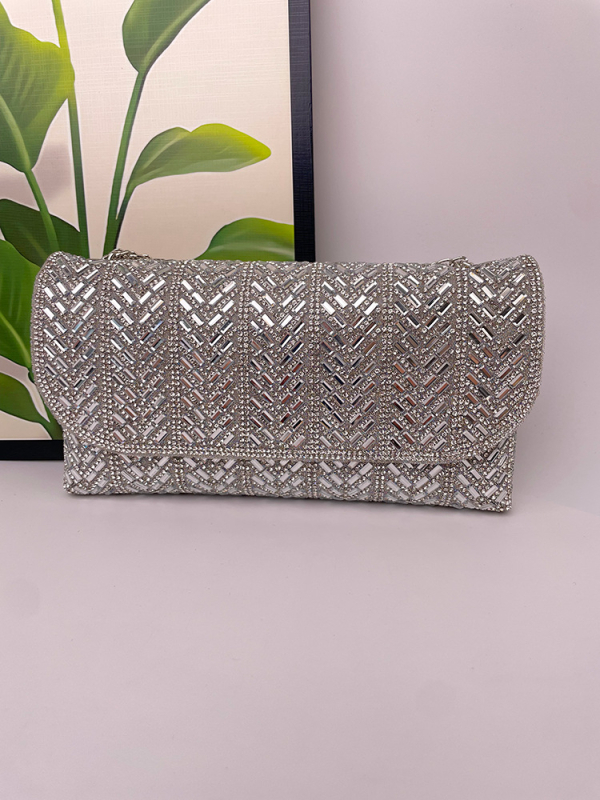 Večernja clutch torbica s kristalima, PU koža, pravokutnog oblika, podlaktni stil, unutarnja ID džep, zatvaranje poklopcem
