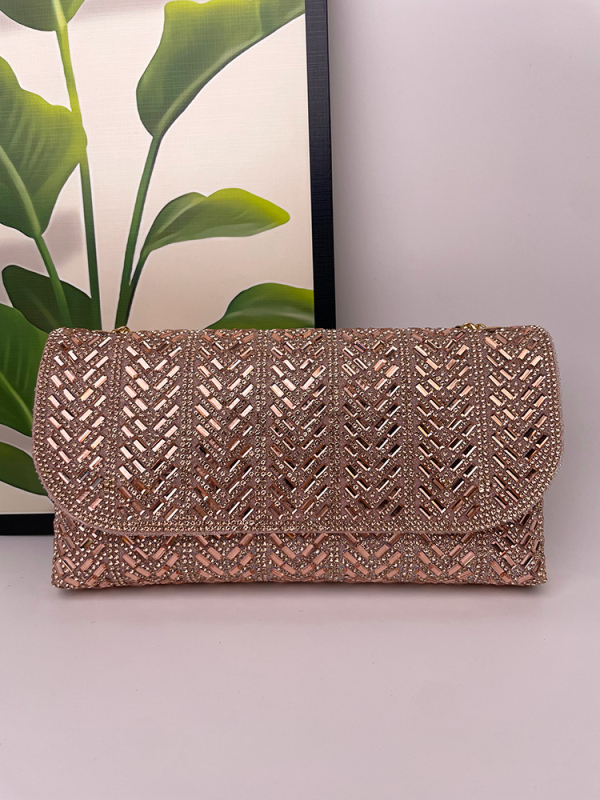 Večernja clutch torbica s kristalima, PU koža, pravokutnog oblika, podlaktni stil, unutarnja ID džep, zatvaranje poklopcem