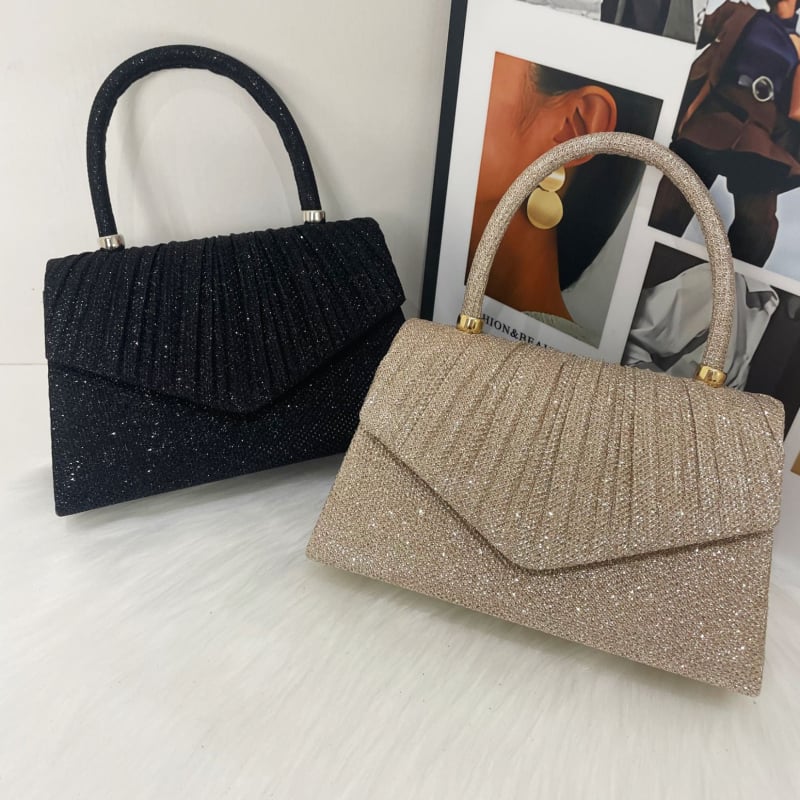 Ženska šljokičasta clutch torbica za večernje, vodoravni kvadratni oblik, magnetsko zatvaranje, poliester materijal i podstava, unutarnja ID džep i pretinac