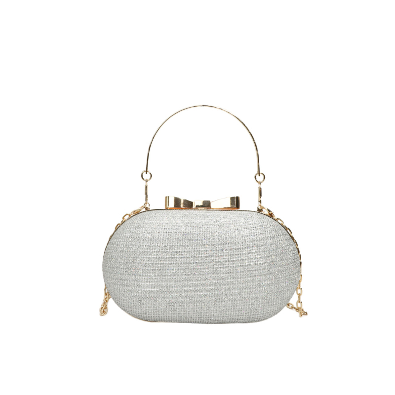 Geantă de seară cu lanț strălucitor și mână/pe umăr texturată, formă ovală, poliester, închidere cu lacăt, căptușeală din bumbac, exterior 3D, stil: femeie matură elegantă, Primăvara 2025