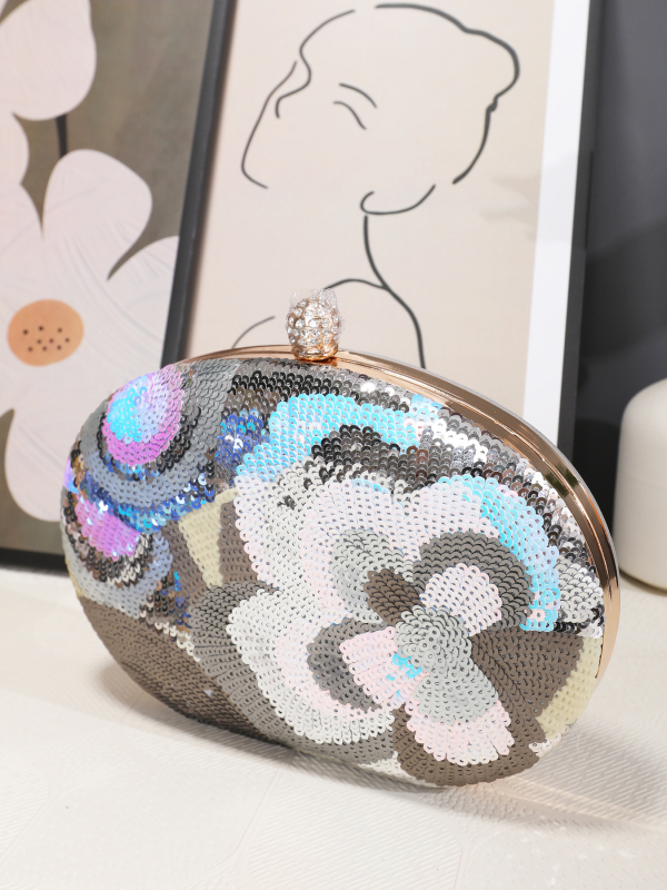 Večernja clutch torba s izvezenim štrasom, PVC, kutijast oblik, ovalna, zaključavanje, čvrsto kućište