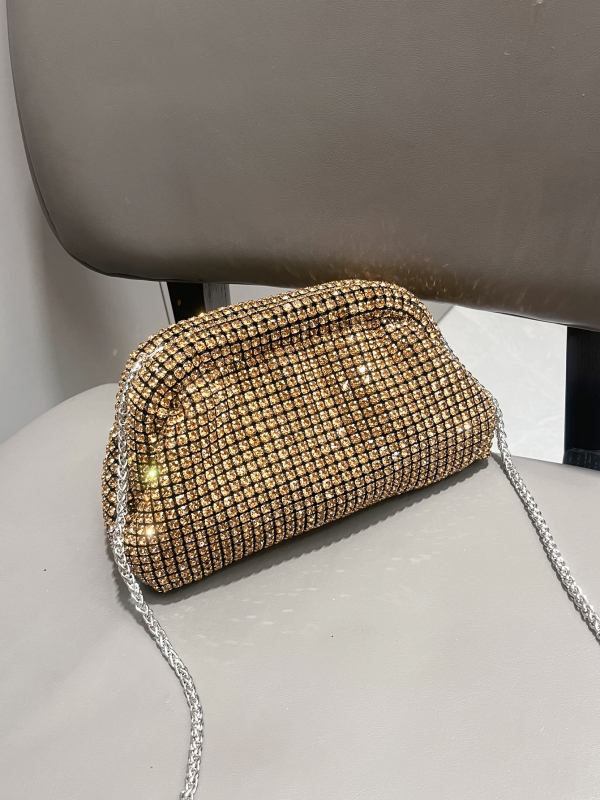 Geantă clutch cu strasuri, formă orizontală pătrată, închidere cu lacăt, căptușeală poliester, stil proaspăt și dulce.