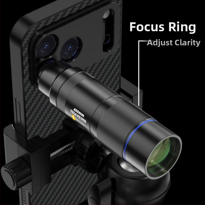 Mobiltelefon teleobjektív — 400 mm fókusztávolság, 25x zoom, teljesen fém test, anti‑reflexiós bevonat, univerzális kompatibilitás