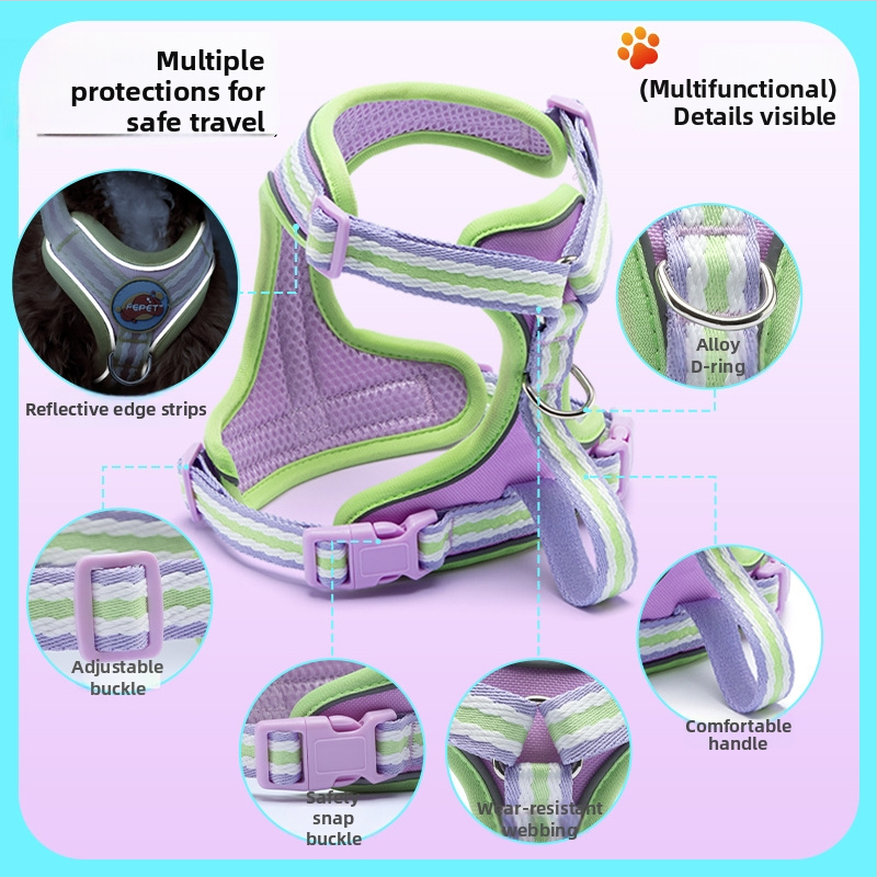 Гръден жилет с презрамка за кучета, светлоотразителен и дишащ нейлон, за малки и средни породи, с подвижна каишка