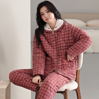 Γυναικείος χειμερινός σετ οικιακής χρήσης: βελουτέ ύφασμα με τριπλό quilt, ζακέτα με γιακά πέτο, μακρυμάνικες μπλούζες και παντελόνια, εξαιρετικά χοντρό για ζεστασιά στο σπίτι και έξω