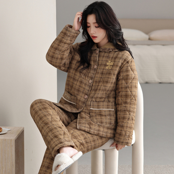 Γυναικείος χειμερινός σετ οικιακής χρήσης: βελουτέ ύφασμα με τριπλό quilt, ζακέτα με γιακά πέτο, μακρυμάνικες μπλούζες και παντελόνια, εξαιρετικά χοντρό για ζεστασιά στο σπίτι και έξω