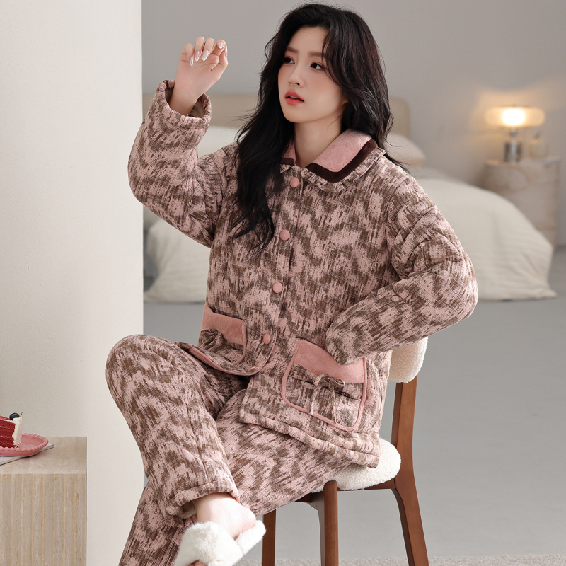 Γυναικείος χειμερινός σετ οικιακής χρήσης: βελουτέ ύφασμα με τριπλό quilt, ζακέτα με γιακά πέτο, μακρυμάνικες μπλούζες και παντελόνια, εξαιρετικά χοντρό για ζεστασιά στο σπίτι και έξω