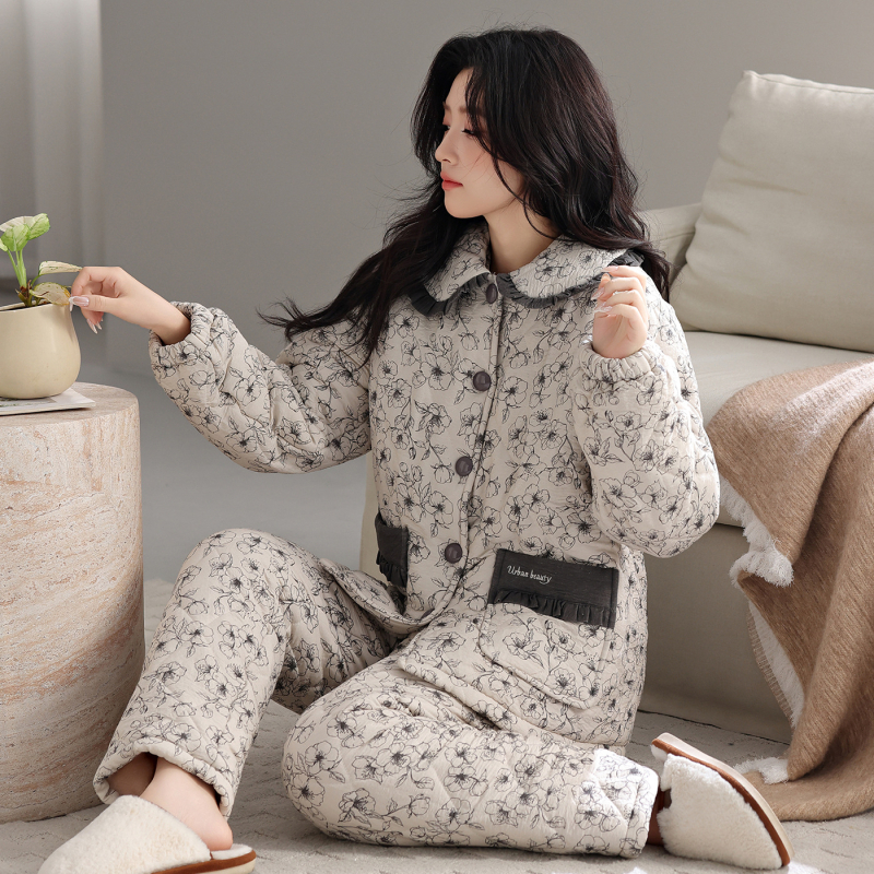 Γυναικείος χειμερινός σετ οικιακής χρήσης: βελουτέ ύφασμα με τριπλό quilt, ζακέτα με γιακά πέτο, μακρυμάνικες μπλούζες και παντελόνια, εξαιρετικά χοντρό για ζεστασιά στο σπίτι και έξω