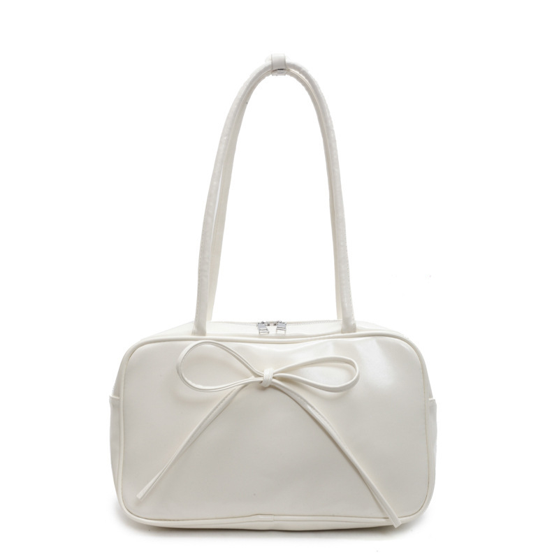 Бостън чанта с акцент панделка, PU материал, ципово закопчаване, вътрешен цип джоб, двойни презрамки