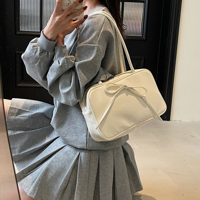 Бостън чанта с акцент панделка, PU материал, ципово закопчаване, вътрешен цип джоб, двойни презрамки