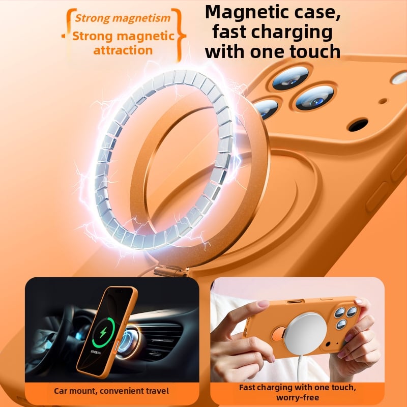 Pouzdro pre iPhone 17 Pro Max / 17 Pro — tekutý silikón, magnetická opora, 360° stojan, proti pádu, proti otlačkom prstov