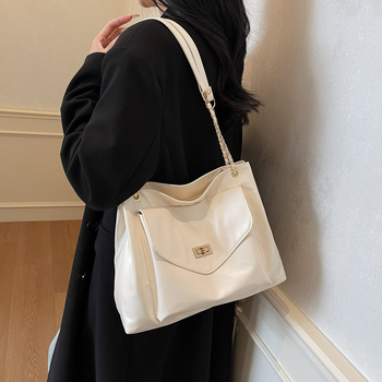 Чанта през рамо със заключваща катарама в уличен стил – PU, голям капацитет, цип, подплата полиестер, двойни презрамки