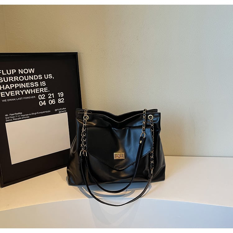 Чанта през рамо със заключваща катарама в уличен стил – PU, голям капацитет, цип, подплата полиестер, двойни презрамки