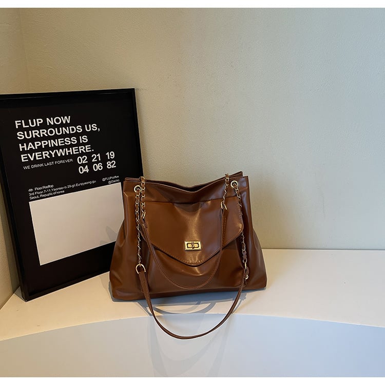 Чанта през рамо със заключваща катарама в уличен стил – PU, голям капацитет, цип, подплата полиестер, двойни презрамки