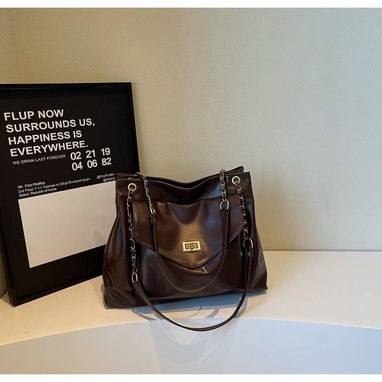 Чанта през рамо със заключваща катарама в уличен стил – PU, голям капацитет, цип, подплата полиестер, двойни презрамки