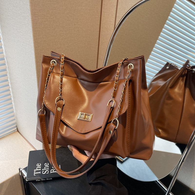 Чанта през рамо със заключваща катарама в уличен стил – PU, голям капацитет, цип, подплата полиестер, двойни презрамки